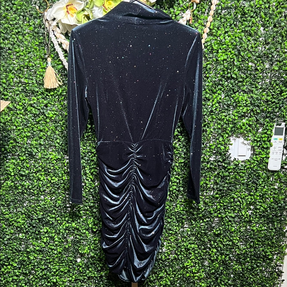 ZARA NEW SPARKLY SHOULDER PAD VELVET DRESS STRETCHY BLUE Small - Picture 12 of 13